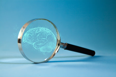 Magnifying glass with human brain on blue background. Artificial intelligence concept