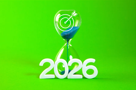 New year 2026 concept with hourglass and dartboard on green background