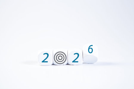Dice with numbers 2026 and target on white background, new year concept