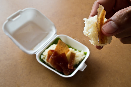 Sticky rice and Roast pork in foam boxの写真素材