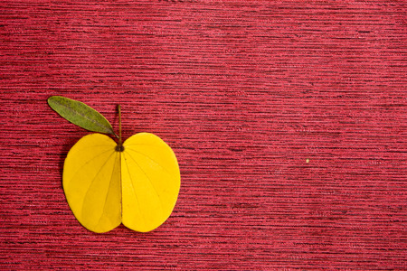 Leaves arranged like the Apple on a red backgroundの写真素材