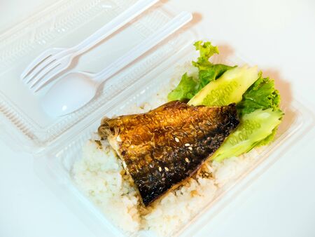 Food in plastic box, Grill fish with rice and vetgetableの写真素材