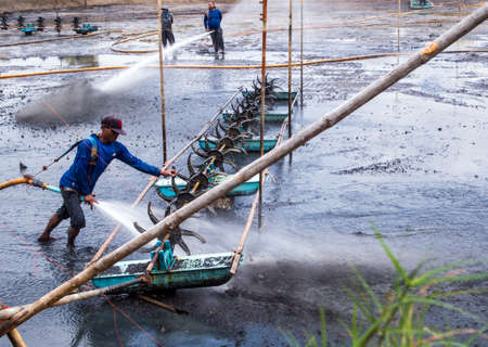 CHACHOENGSAO THAILAND - JULY 13 : Unidentified men control high pressure water jet nozzle to clean the mud at the bottom of the pond on July 13, 2016 to prepare the pond clean, for next time shrimp farming, Chachoengsao, Thailand.のeditorial素材