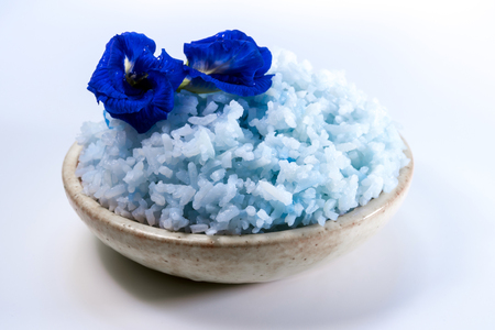 Blue color cooked rice by color of butterfly pea flowerの写真素材