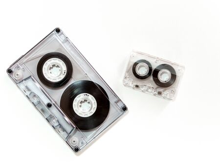 Different sizes of audio cassette tape isolated on white backgroundの写真素材