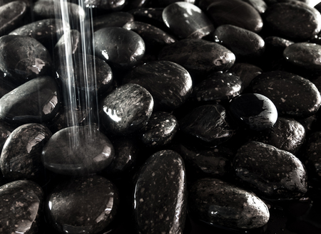 Glossy surface of round black stone on ground beside the waterfallの写真素材