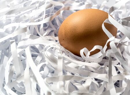 Eggs on the straw paper in white background, raw food packageの写真素材