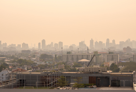 Bangkok, Thailand - Feb 13, 2018 Bangkok City downtown cityscape urban skyline in the mist or smog. Wide and High view image of Bangkok city in the soft lightのeditorial素材