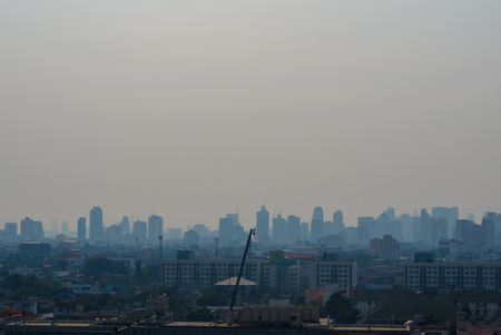 Bangkok, Thailand - Feb 13, 2018 Bangkok City downtown cityscape urban skyline in the mist or smog. Wide and High view image of Bangkok city in the soft lightのeditorial素材