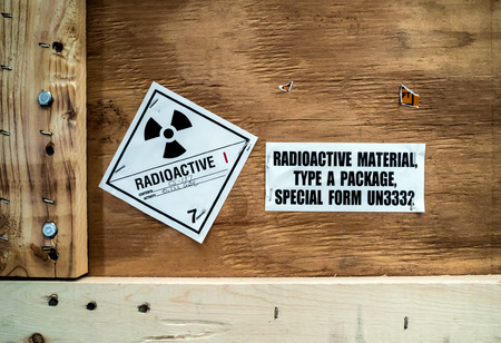 Radioactive material label class White I beside the transportation wooden box Type A standard packageの写真素材