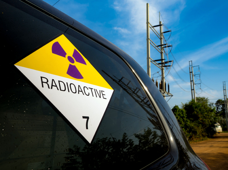 Radiation warning sign on the Hazardous materials transport label Class 7 at the transport truckの写真素材