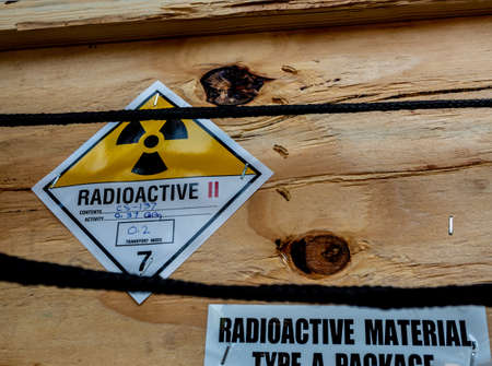 Radioactive material label beside the transportation wooden box Type A standard package