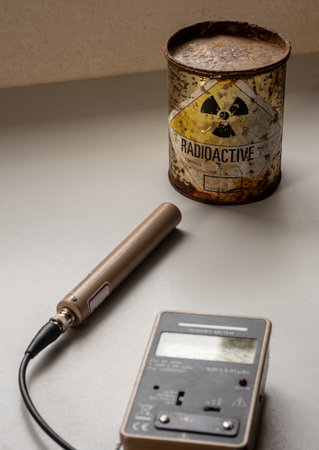 Hand-held radiation survey instrument detecting on radioactive material in the package. Ionizing radiation hazard symbol on packageの写真素材