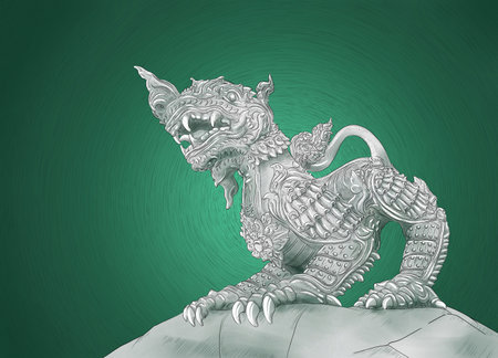 Illustration drawings of lion statues in Thai mixed Chinese styleの写真素材