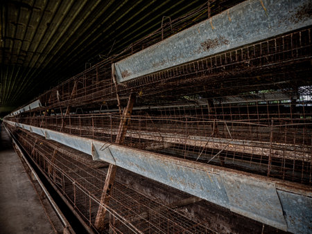 The empty laying cages of poultry houses, old, decayed, abandoned in the chicken farmの写真素材