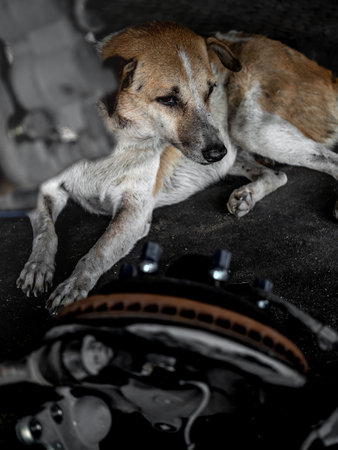 A stray dog near a stack of spare parts on the floor in a garageの写真素材