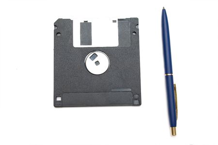 blue pen and disket on the white isolated backgroundの写真素材