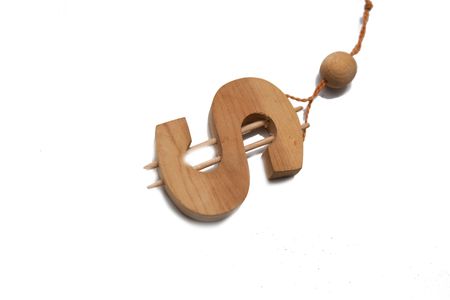 wooden dollar sign isolated on whiteの写真素材