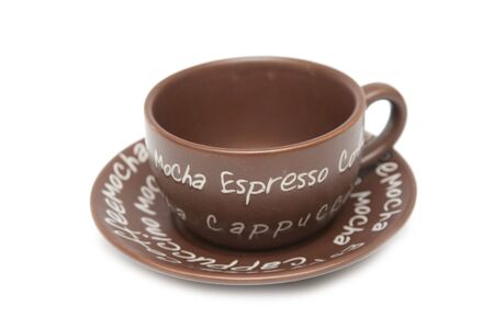 brown cup for coffe isolated on whiteの写真素材