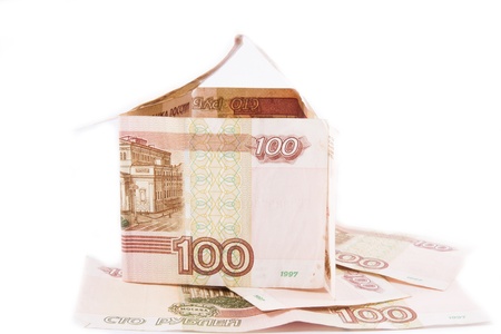 Building of Russian 5000 rubles banknotes on a stone foundationの写真素材