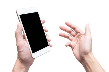 A man holding a smartphone with black blank screen with isolated background. Presenting the...