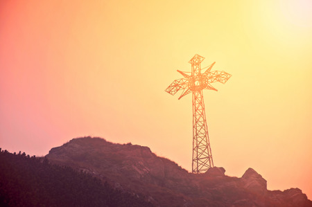 Big cross on the top of Giewont in Tatra Mountains. Poland. Religion.の写真素材