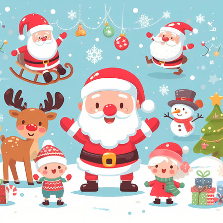 Christmas illustration concept. Santa smiling with reindeer and childrens on the snow.の素材