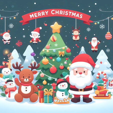Christmas illustration concept. Santa smiling with reindeer and snowman on the snow.の素材
