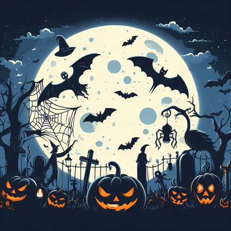 Spooky Halloween illustration concept with pumpkins, moon, bats and old house.の素材