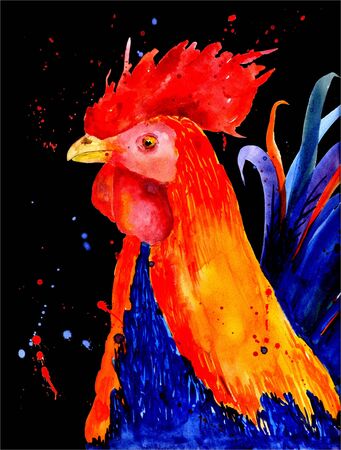 Patterned fiery rooster on the white background. Symbol of chinese new year. It may be used for design of a t-shirt, bag, postcard, a poster.の写真素材