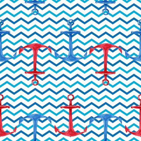 Watercolor hand drawn seamless pattern with red, blue anchors. Cute and simple nautical design.の写真素材