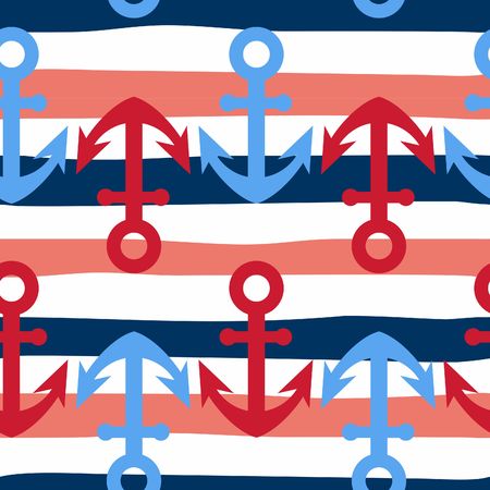 Seamless pattern with anchors on red, white and blue marine striped background. Cute and simple nautical design.の写真素材