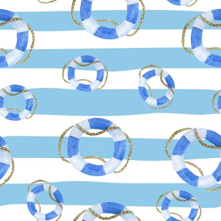 Seamless marine background with stripes and watercolor blue lifebuoyの写真素材