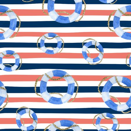 Seamless marine background with blue and red stripes and watercolor lifebuoyの写真素材