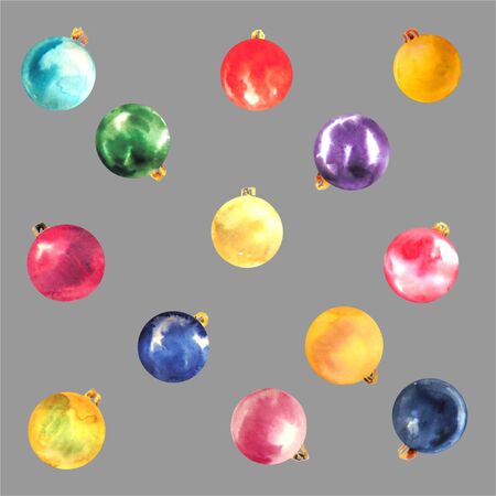 Set Christmas decorations on Christmas tree of watercolor stains blots. Watercolor Christmas ballsの写真素材