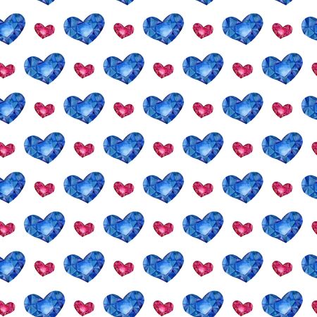 Seamless pattern with watercolor hearts. Polygon blue and red hearts.の写真素材