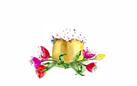 Watercolor easter kulich cake with tulip isolated on white background.の写真素材