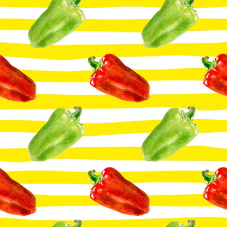 Seamless pattern with Bulgarian pepper. Watercolor bell papper on stripe background.の写真素材