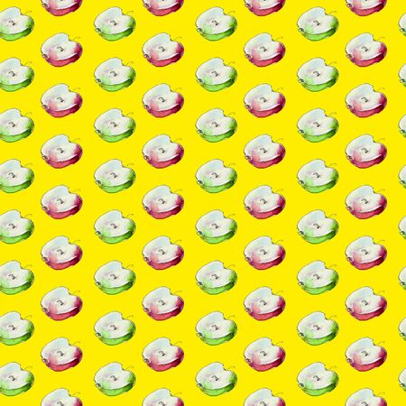 Seamless pattern with red and green watercolor slice of appleの写真素材