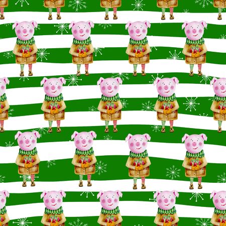 Seamless pattern with symbol of 2019. Watercolor pig on striped background with snowflakesの写真素材