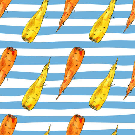 Seamless pattern of watercolor carrot. Hand drawn food design elements isolated on white and blue...
