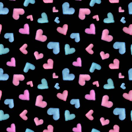 Seamless pattern with red and blue felt hearts on a black background for Valentines day. Can be used for fabric, wrapping paper, invitationの写真素材