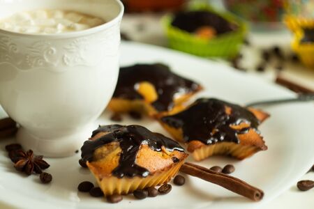 Gluten-free cupcakes with chocolate topping. Homemade cake. Healthy food.