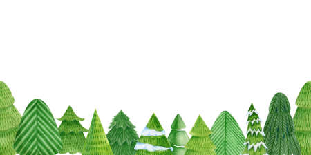 Cute Christmas trees. Holiday wallpaper. Horizontal seamless Border Pattern New Year greeting card...