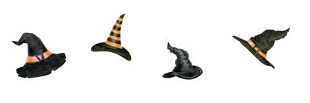 Set of black halloween witch hat isolated on white backgroundの写真素材