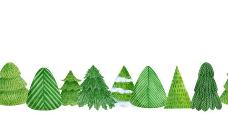 Cute Christmas trees. Holiday wallpaper. Horizontal seamless Border Pattern New Year greeting card template with space for textの写真素材