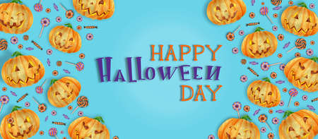 Halloween Poster with Halloween candy and Halloween pumpkin orange. Lettering Happy Halloween Dayの写真素材