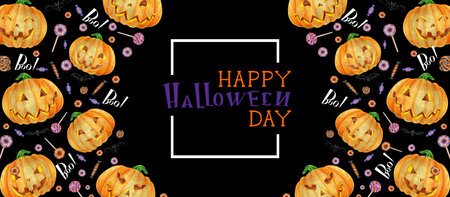 Halloween Poster with Halloween candy and Halloween pumpkin orange. Lettering Happy Halloween Dayの写真素材