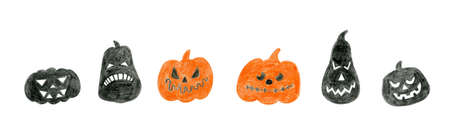 Set of halloween pumpkins, with carved faces silhouettes on white background. Autumn holidays.の写真素材
