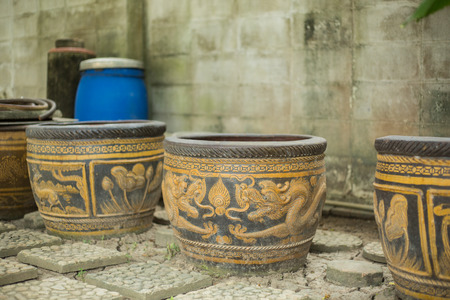 Glazed water jar with dragon pattern from asia, that Used for water storage. Ong. dragons, Ratchaburi.の写真素材